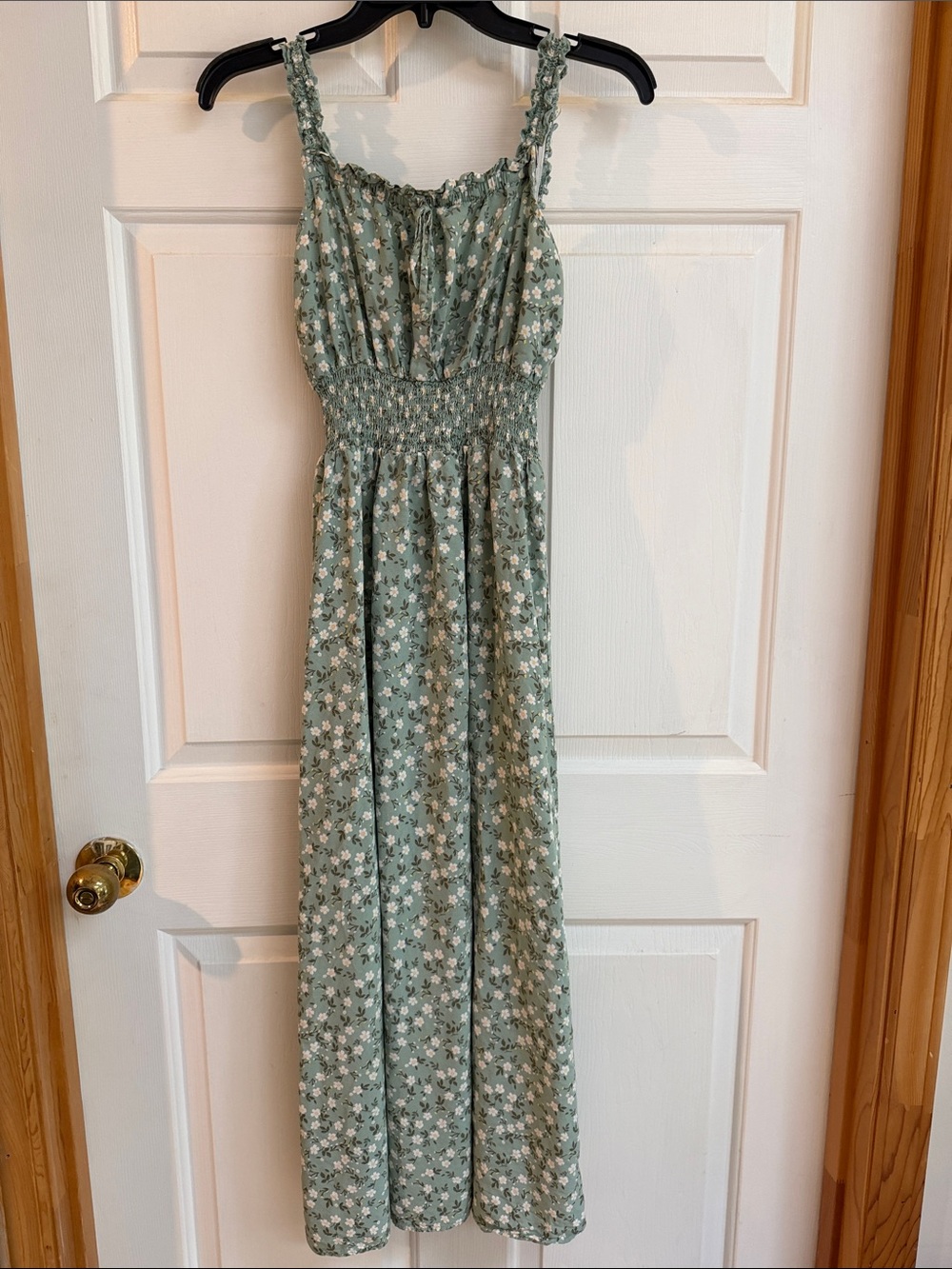 Smocked Floral Maxi Dress in Sage Green